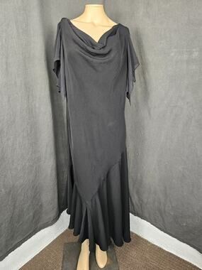 Vintage Black Cowl Neck Chiffon Dress 14W Plus Size Handkerchief Asymmetric Gown